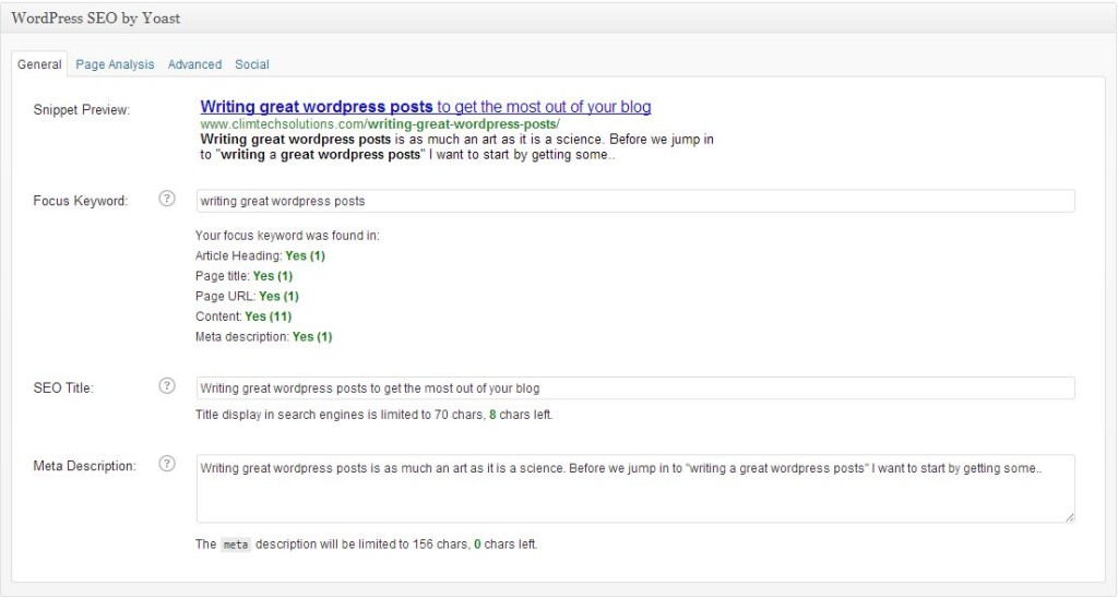 Wordpress SEO - General Tab for Writing great wordpress posts